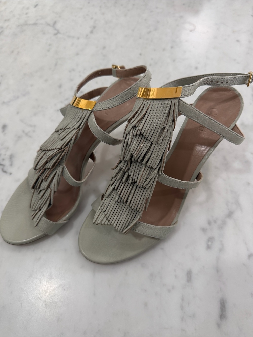 Chloe Suki Fringe T-Strap High Heel Sandals in cloud Gray